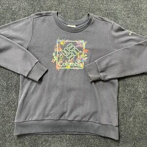 Columbia Sweatshirt Womens Medium Gray Floral Logo Fleece Crewneck Pullover